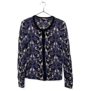 Tory Burch Blue/Black/White Merino Wool Printed Knit Cardigan Sweater Size Small
